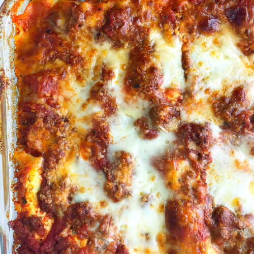 Close up of a pan of meat lasagna.