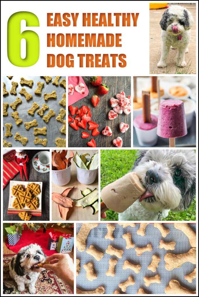 collage of healthy homemade dog treats and dog pictures with text overlay