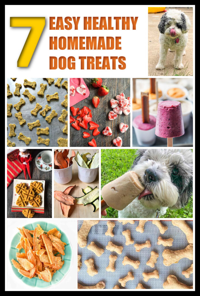 collage of 7 homemade dog treats and tea overlay
