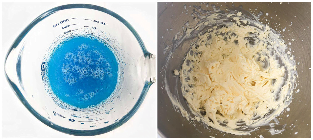 collage of pictures showing blue jello mixture and cream cheese mixture