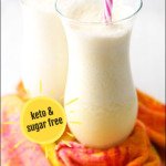 closeup of a tall glass of keto pina colada drink with text