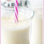 closeup of a tall glass of keto pina colada drink with text