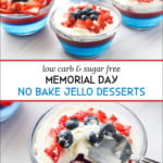 keto jello desserts with strawberries and blueberries and text