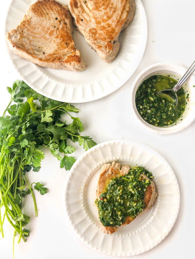 Easy Cilantro Chimichurri Sauce for Tuna Steaks healthy, low carb dinner!