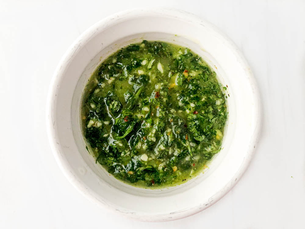 white ramekin with chimichurri sauce