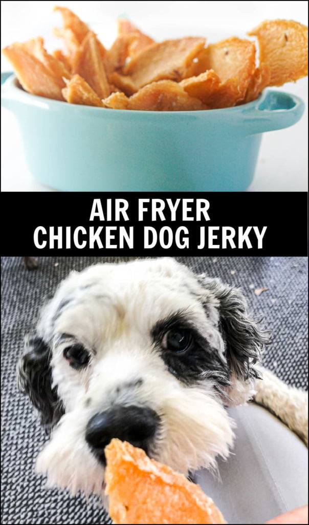 bowl of dog jerky and cute dog eating it with text