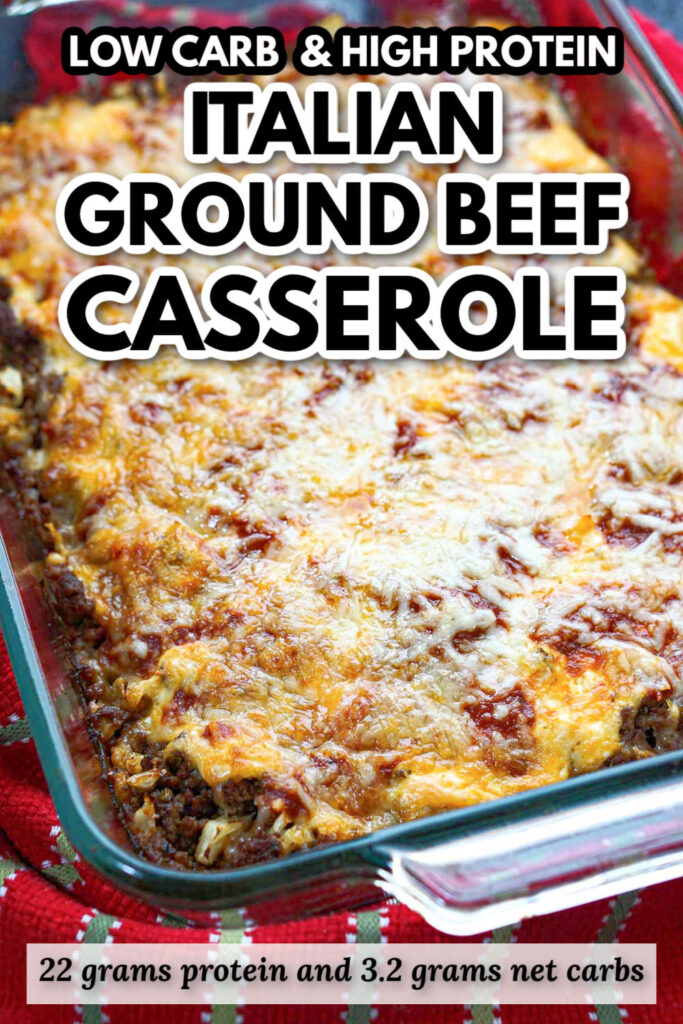Baking dish with the keto ground beef casserole and text overlay.