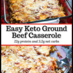 Baking dish with the keto ground beef casserole and text overlay.