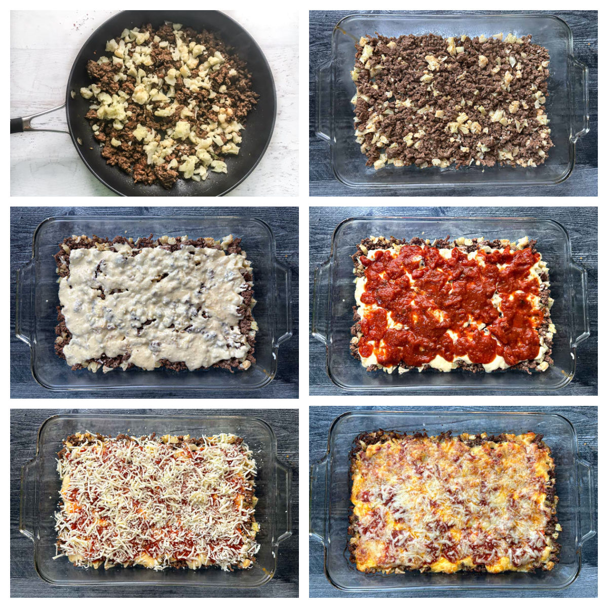 Collage of pictures of the steps of making the casserole.