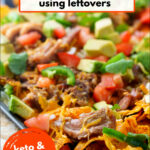 baking tray with keto pulled pork nachos and text
