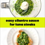 white plates with tuna steaks, cilantro and chimichurri sauce and text