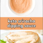 white plates with tuna steaks and bowl of keto creamy sriracha sauce and text