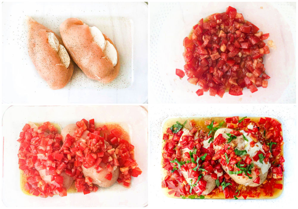 collage of picture of how to make stuffed chicken caprese