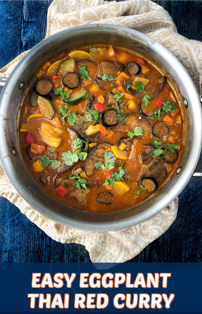 pan with eggplant Thai curry and text