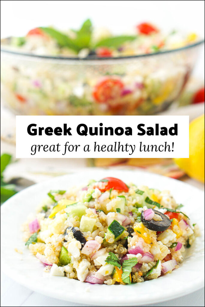 bowl of zucchini quinoa salad and text