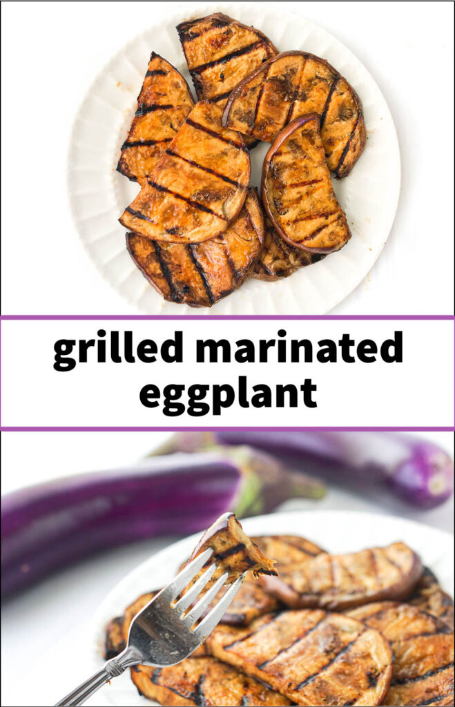 white plates with grilled marinated eggplant and text
