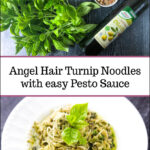 pan & dish with pesto turnip noodles and text