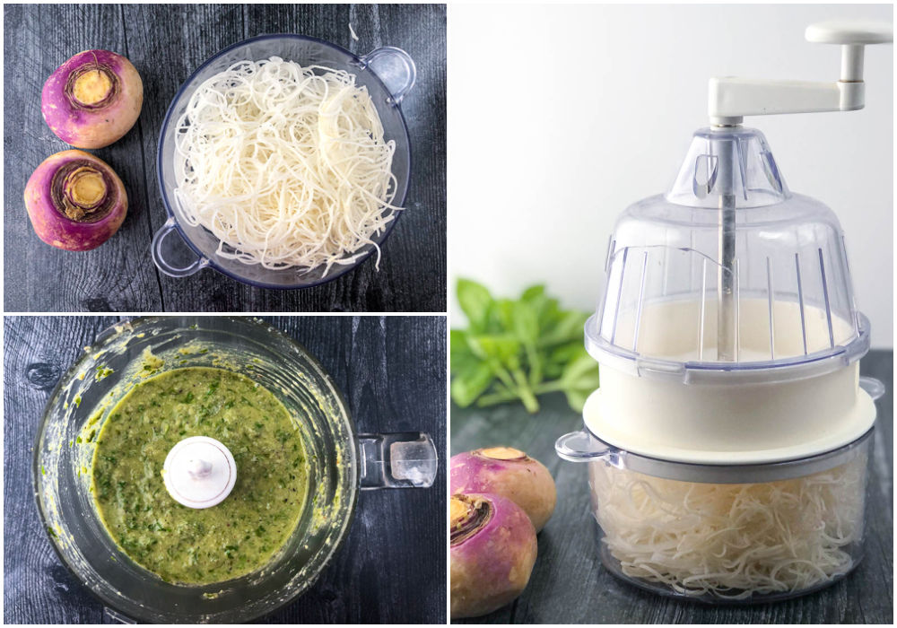 collage of how to make turnip noodles with spiralizer and pesto sauce