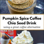 glass mug with pumpkin spice chia seed drink and text