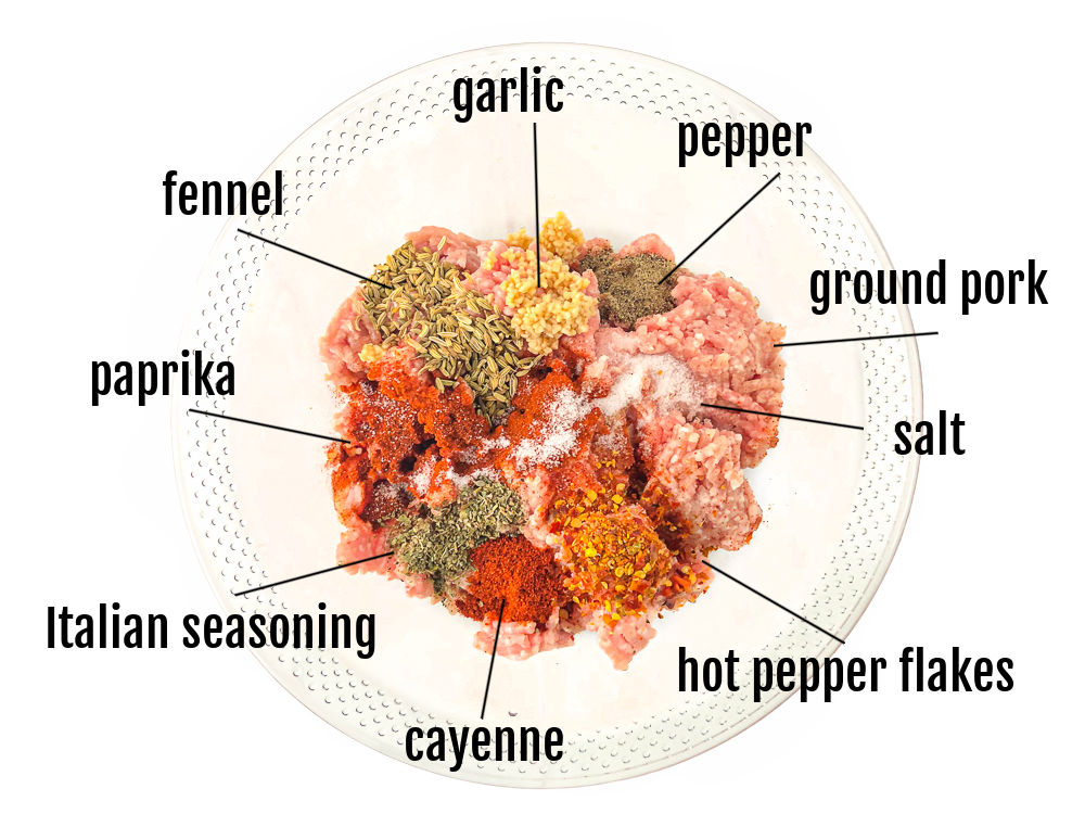 clear glass bowl with labeled ingredients to make homemade Italian sausage - spices and ground pork