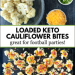 cookie sheet with keto cauliflower bites and text overlay