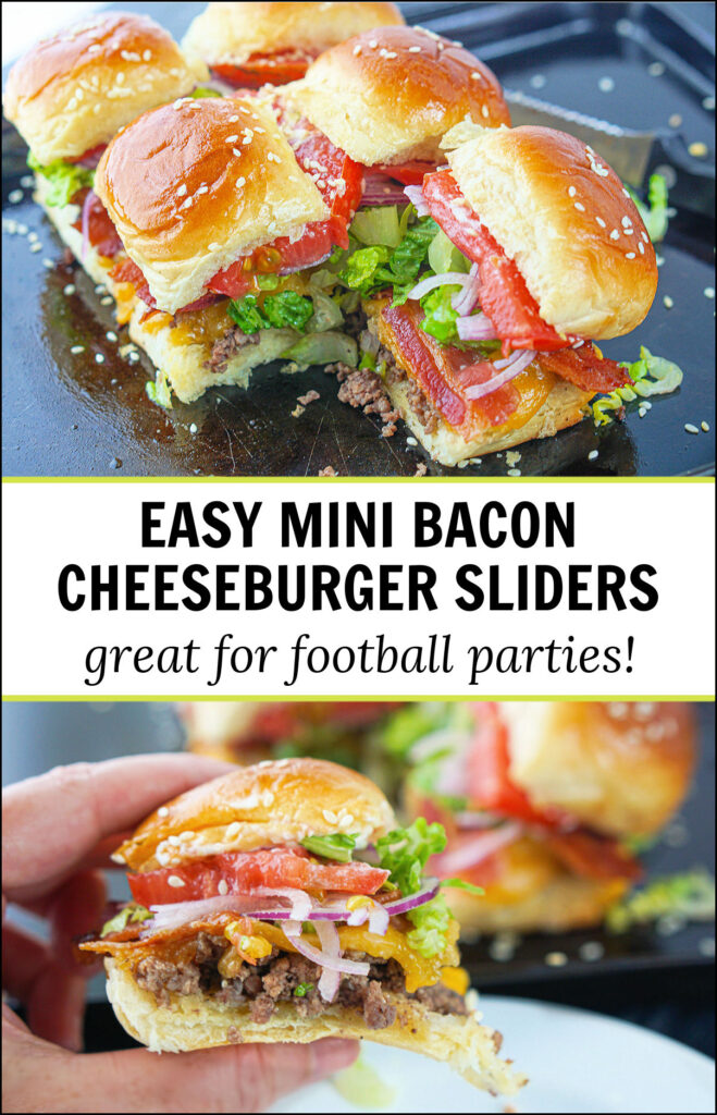 baking sheet and white plate with bacon cheeseburger slides and text