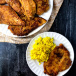 white plates with breaded chicken cutlets and text
