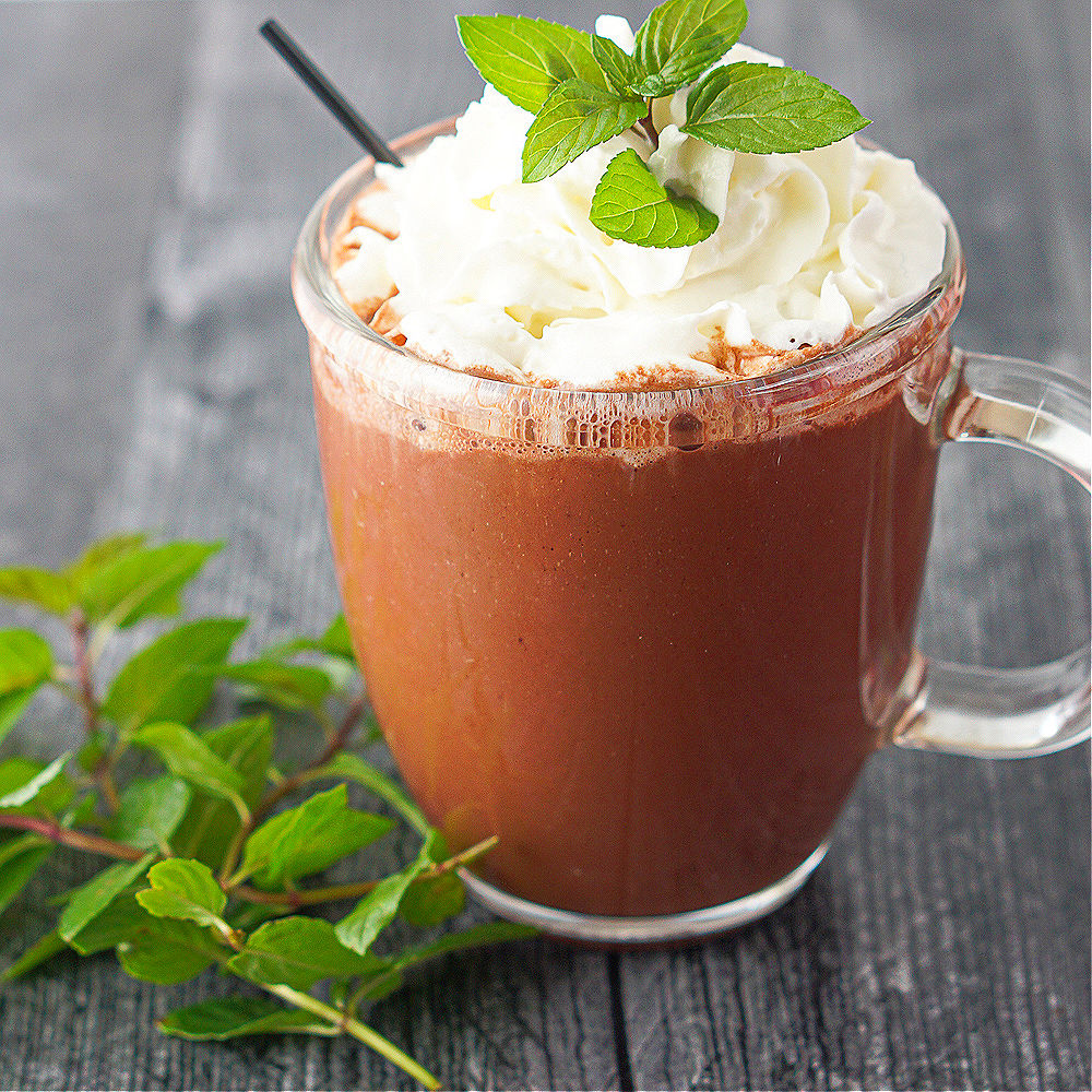 glass mug with keto peppermint hot chocolate