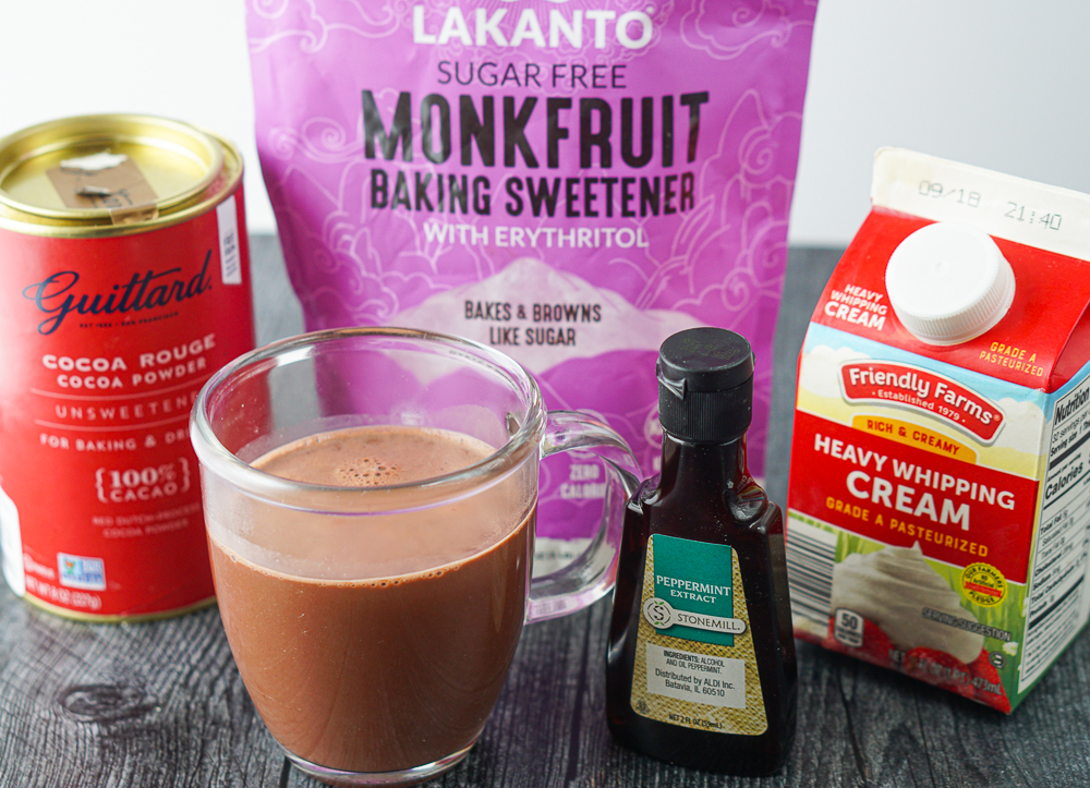 ingredients to make the drink - creamy, peppermint extract, cocoa and monk fruit