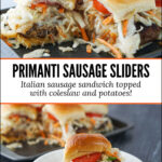 pan and white dish with primate sausage sliders and text