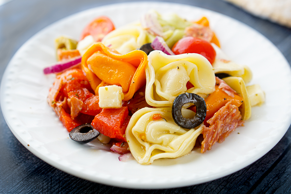 closeup of a serving of pasta salad