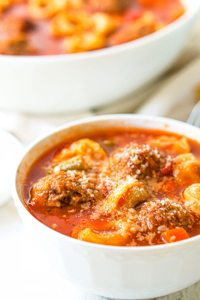 closeup of a bowl of Italian vegetable and meatball soup