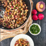 skillet with fried radishes and turnips with bacon with text