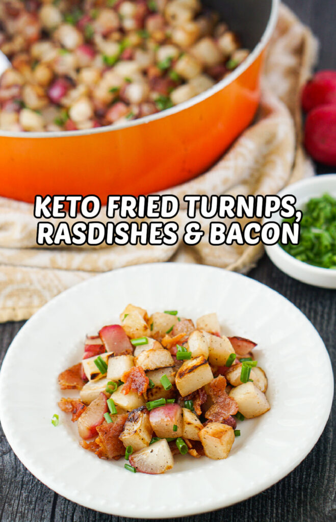 skillet with fried radishes and turnips with bacon with text