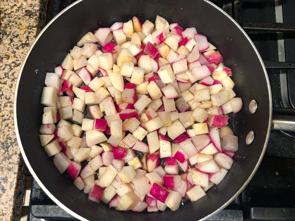 chopped keto hash brown vegetables in a pan