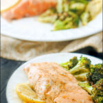 two white plates with air fryer salmon with lemon sauce and broccoli and text