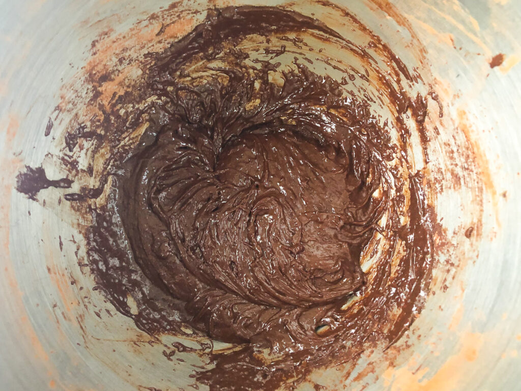 closeup of mixing bowl with brownie batter 