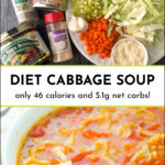 white bowls with keto cabbage soup and text