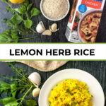 white plate with lemon herb rice and ingredients of , broth, garlic, fresh herbs, lemons