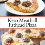 baking tray and white plate with keto meatball pizza and text