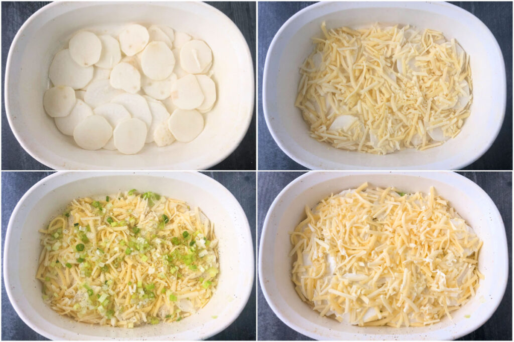 collage of pictures showing how to make cheesy scalloped turnips