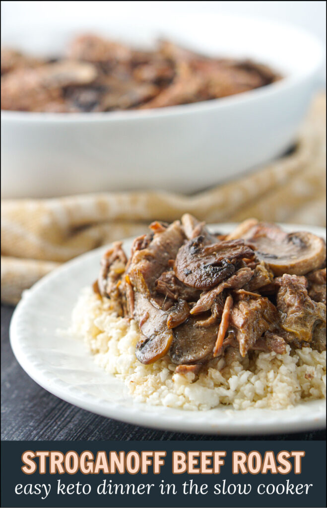 white plate with keto beef stroganoff made in the slow cooker with text