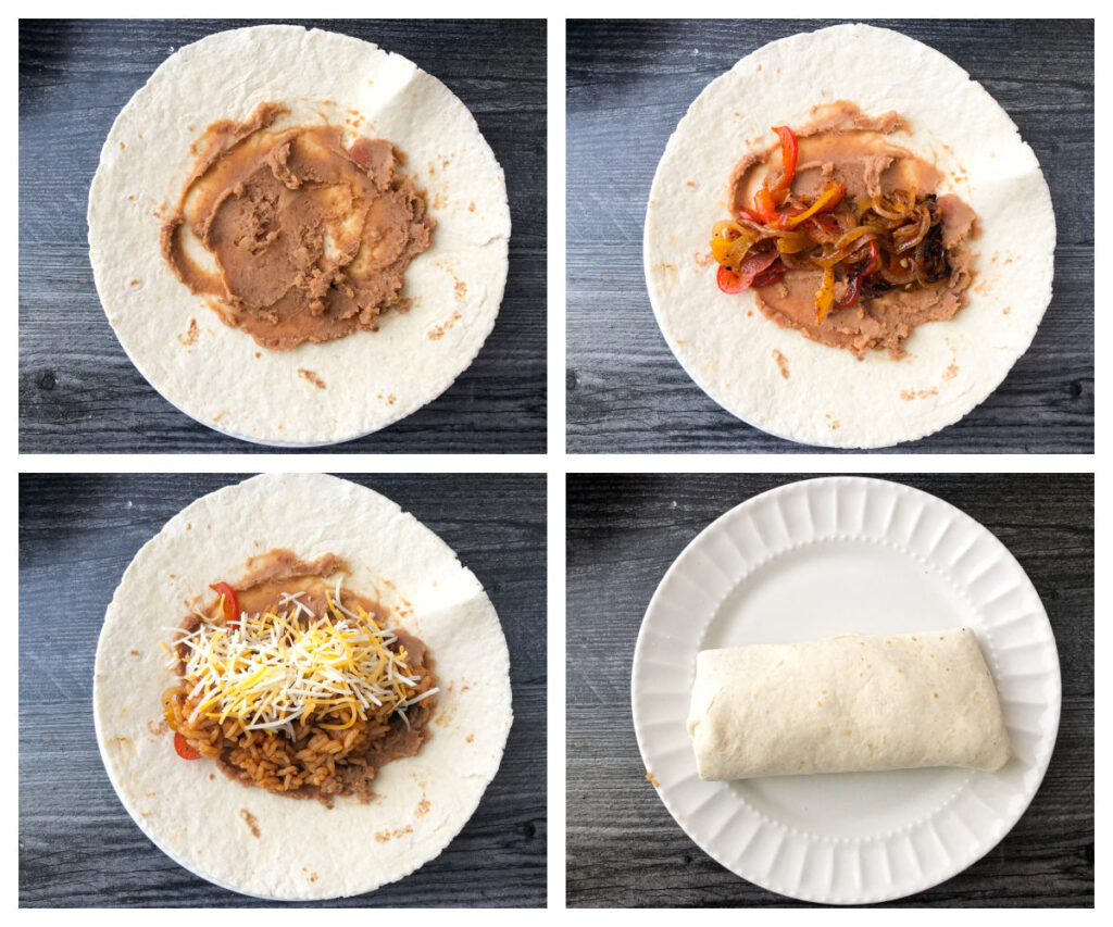 collage of tortillas with the order to make the veggie burritos