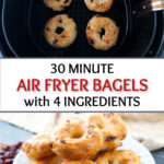 white plate and air fryer basket with cranberry pecan air fryer bagels and text