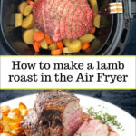 air fryer basket with lamb roast and raw veggies and a platter with roasted lamb and text