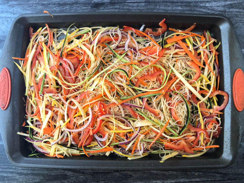baking sheet with spiralized vegetables