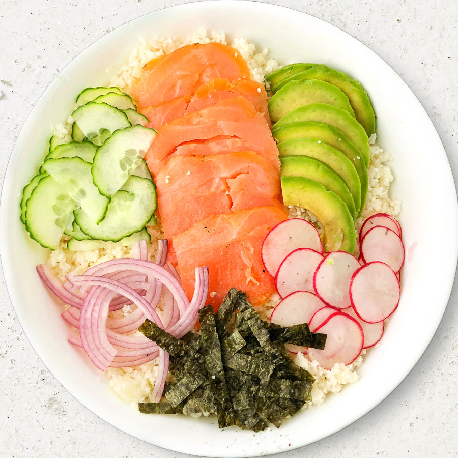 White bowl with keto California roll bowl.