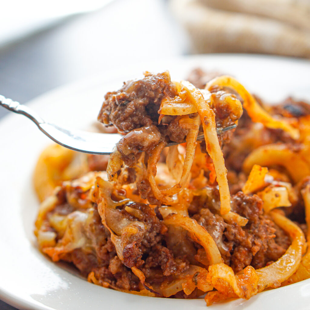 closeup of a forkful of keto spaghetti casserole