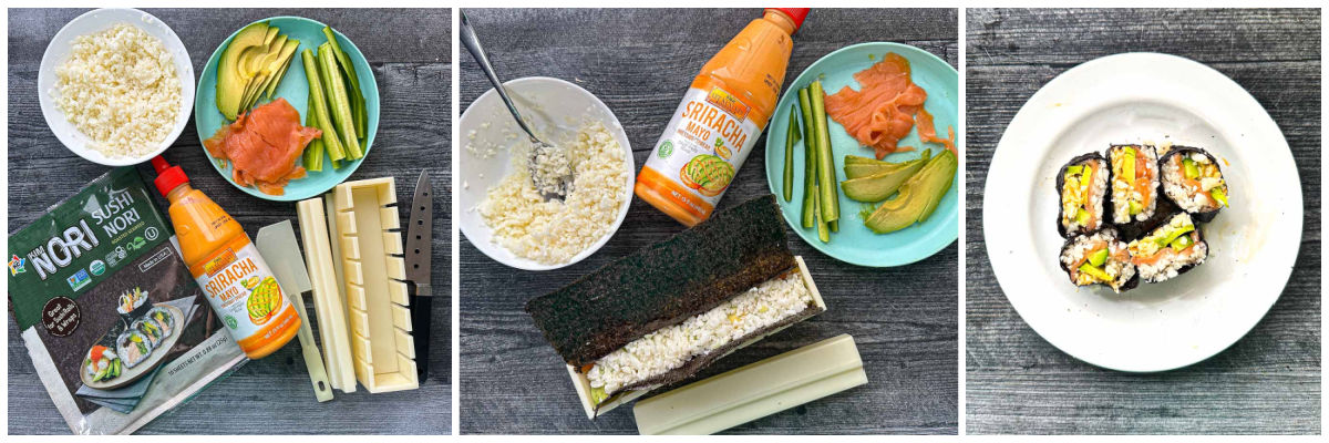 Collage of how to make keto California rolls with a sushi maker.