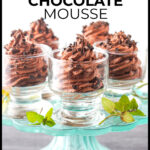Blue glass cake stand keto chocolate mousse with text overlay.